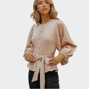 VICI Lionel Faux Suede Long Balloon Sleeve Peplum Top in Tan Women's Size S